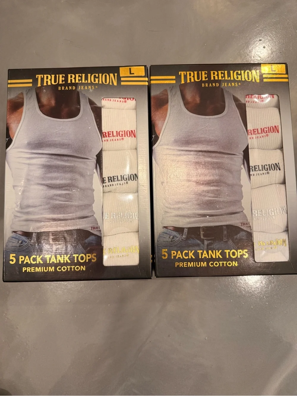 True Religion Men’s White Tank Tops 5-Pack – Branded Ribbed Tanks. New….2 boxes